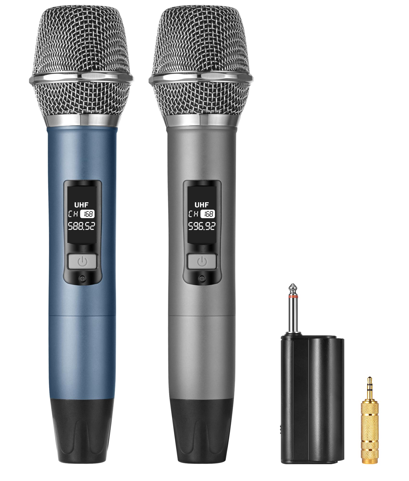 Photo 1 of Meloace Rechargeable UHF Wireless Microphones, Two Metal Handheld Microphones with 1/4" Receiver, Plug-and-Play for Speaker & PA System, Karaoke Singsing, Lecture, Stage Performance (Blue&Grey)