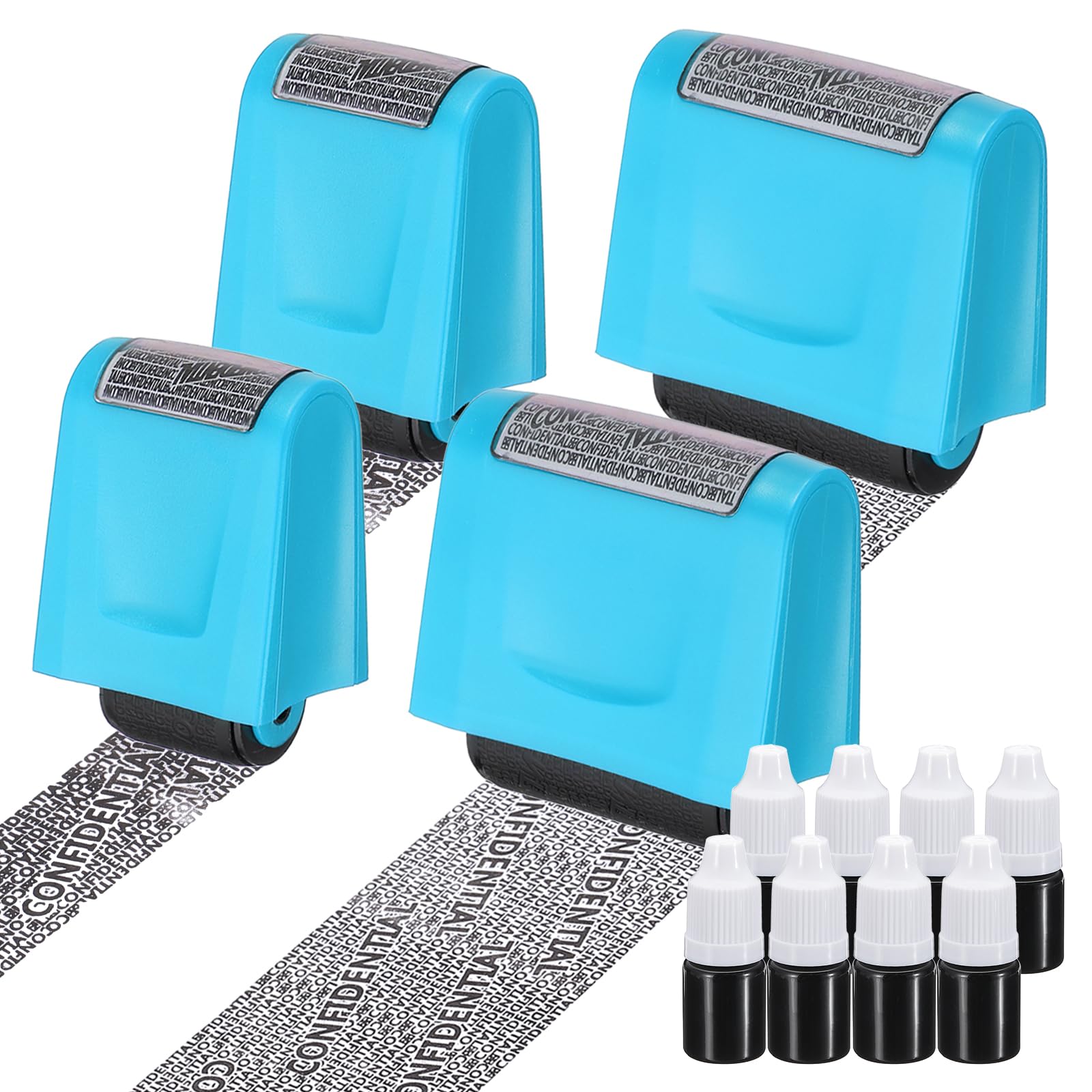 PATIKIL Identity Theft Protection Roller Stamp, 4Pcs 0.7/1.7" Confidential Roller Stamp Privacy ID Police Stamp Roller for Security ID Address with 8Pcs Refills, Blue