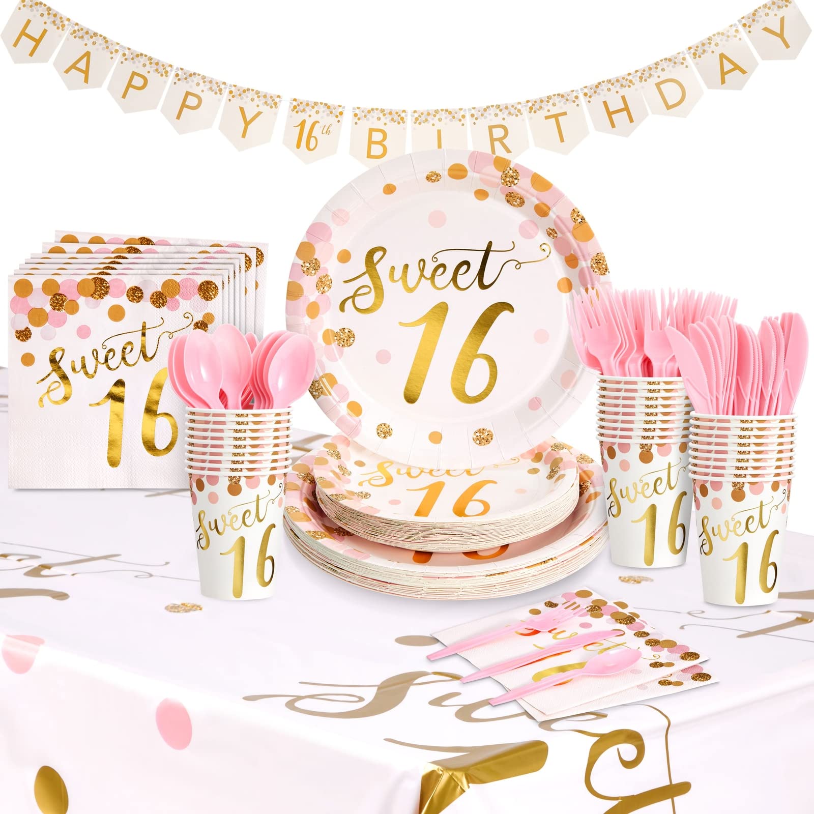 Photo 1 of BLUE PANDA Rose Gold Sweet 16 Dinnerware Set - Kit for 24 Guests with Sweet 16 Plates & Napkins - Disposable Design & 16th Birthday Party Supplies - Table Cover & Banner, Rose Gold, 170-Piece Set