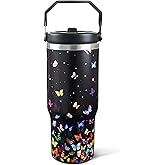 Exacmos 30oz Colorful Butterfly Tumbler with Handle and Straw, Stainless Steel Vacuum Insulated Coffee Tumbler, Travel Mug Water Bottle, Butterflys Stuff Decor Gifts for Women