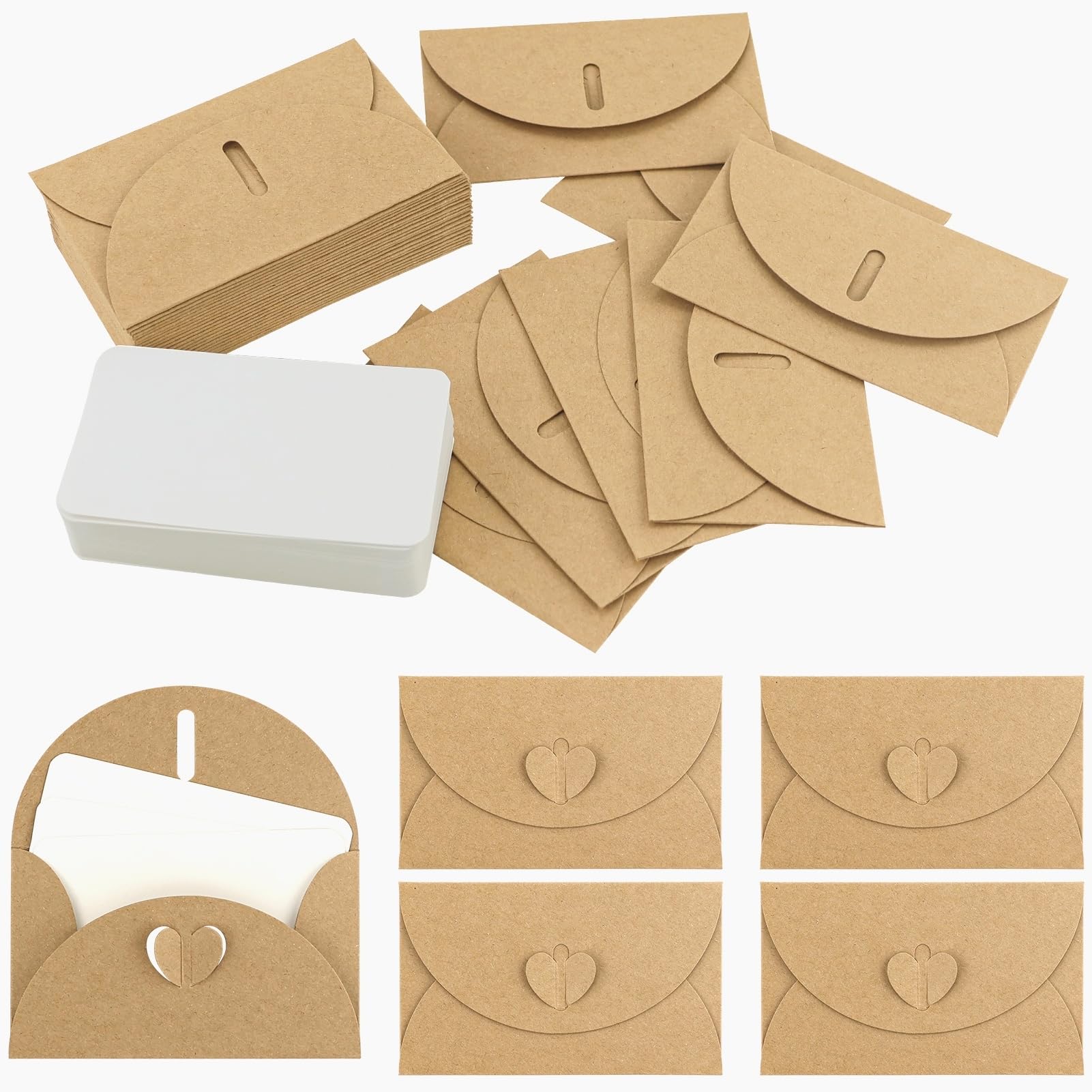 110 Kraft Paper Small Envelopes with 110 Blank Cards, Mini Envelope with Heart Closure for Gift Cards DIY-Graffiti, Mini Gift, for Handmade Seed Cute Kraft Paper Envelopes