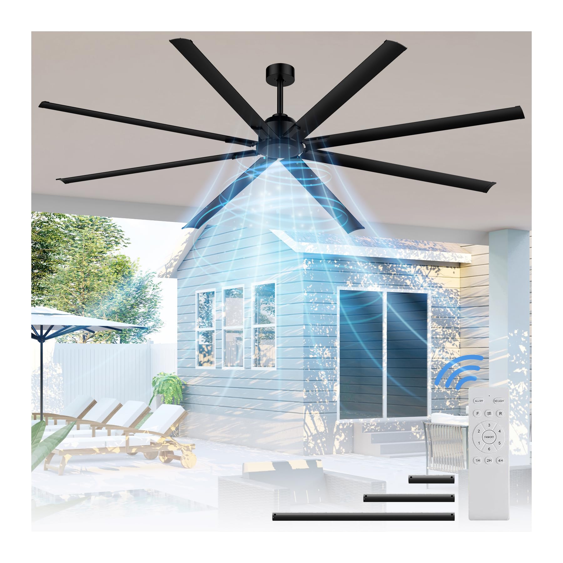 Photo 1 of [HVLS]96 Inch Industrial Ceiling Fan, Extra Large Commercial Big Assed Ceiling Fan, 8 Aluminum Blades, Reversible DC Motor, Remote Control with 6 Speeds, 3 Downrods, for Shop, Garage, Gym, Black