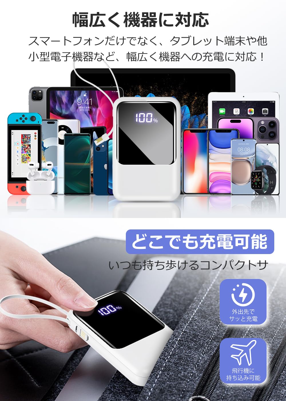 New Industry Design, 22,000 mAh Large Capacity, 4 Cables Built-in: Mobile Battery, Large Capacity, Rapid Charging, 4 Devices Simultaneously, LED Remaining Level Display, PSE Certified, Safety Circuit