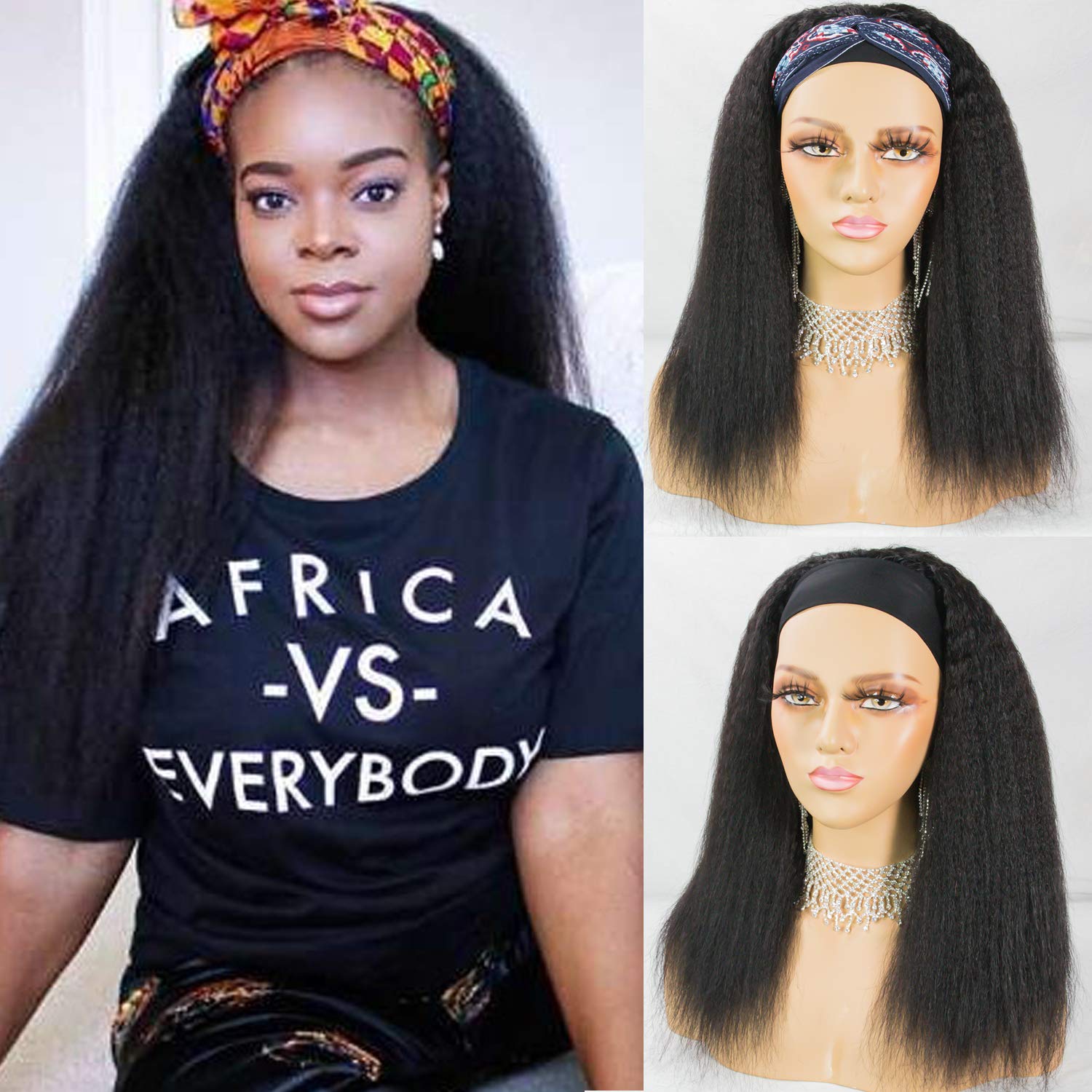Kinky Straight Headband Wigs Italian Yaki Human Hair Wig for Black Women Easy to Wear Wig with Black Headband 150 Density #NC 16inches