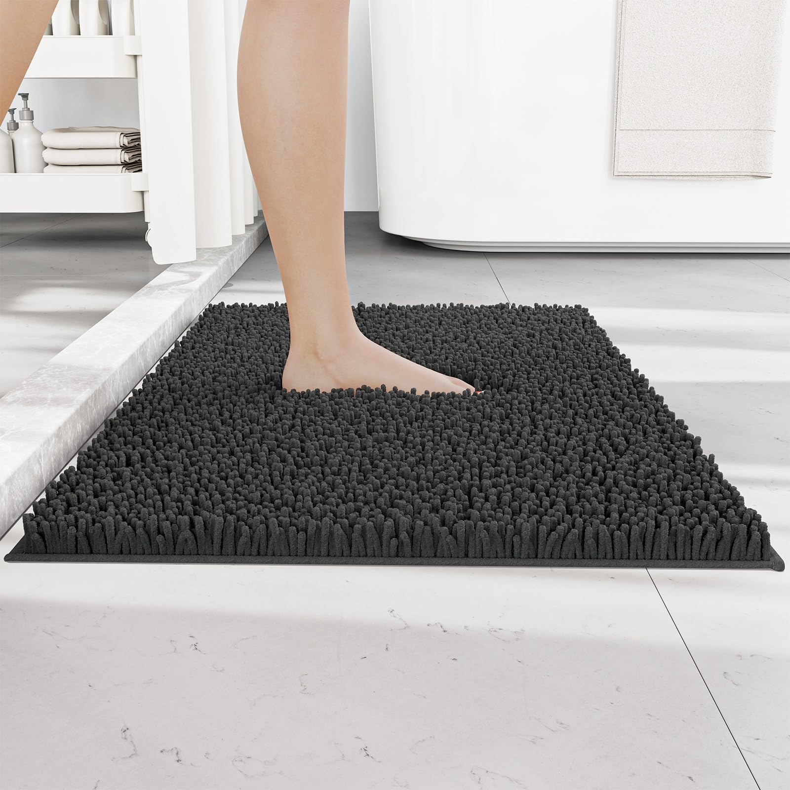 RUN HELIX Non Slip Chenille Bath Mat, Versatile Soft Bathroom Mat & Shower Mat, Machine Washable Absorbent Bath Mats for Bathroom, Living Room, Kitchen, Bedroom & Indoor Scenes, 40x60cm, Dark Grey