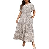 Nemidor Plus Size Maxi Dresses for Curvy Women Summer Casual Boho Ditsy Floral Print Layered Flared Long Dress with Pocket