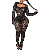 CALEBGAR Sexy 2 Piece Outfits for Women Lace See Through Long Sleeve Backless Bodysuits Bodycon Flared Leggings Set