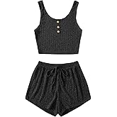 SOLY HUX Women's Button Front Ribbed Knit Tank Top and Shorts Pajama Set Sleepwear Lounge Sets