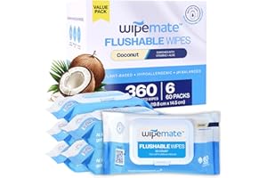 Wipemate ULTRA Flushable Butt Wipes, Soothing Vitamin E & Aloe, 99% Water, Coconut Scent Premium Super Soft Hygiene Wipes, Septic & Sewer Safe, 6 Premium Flip-Top Packs (360) Ct