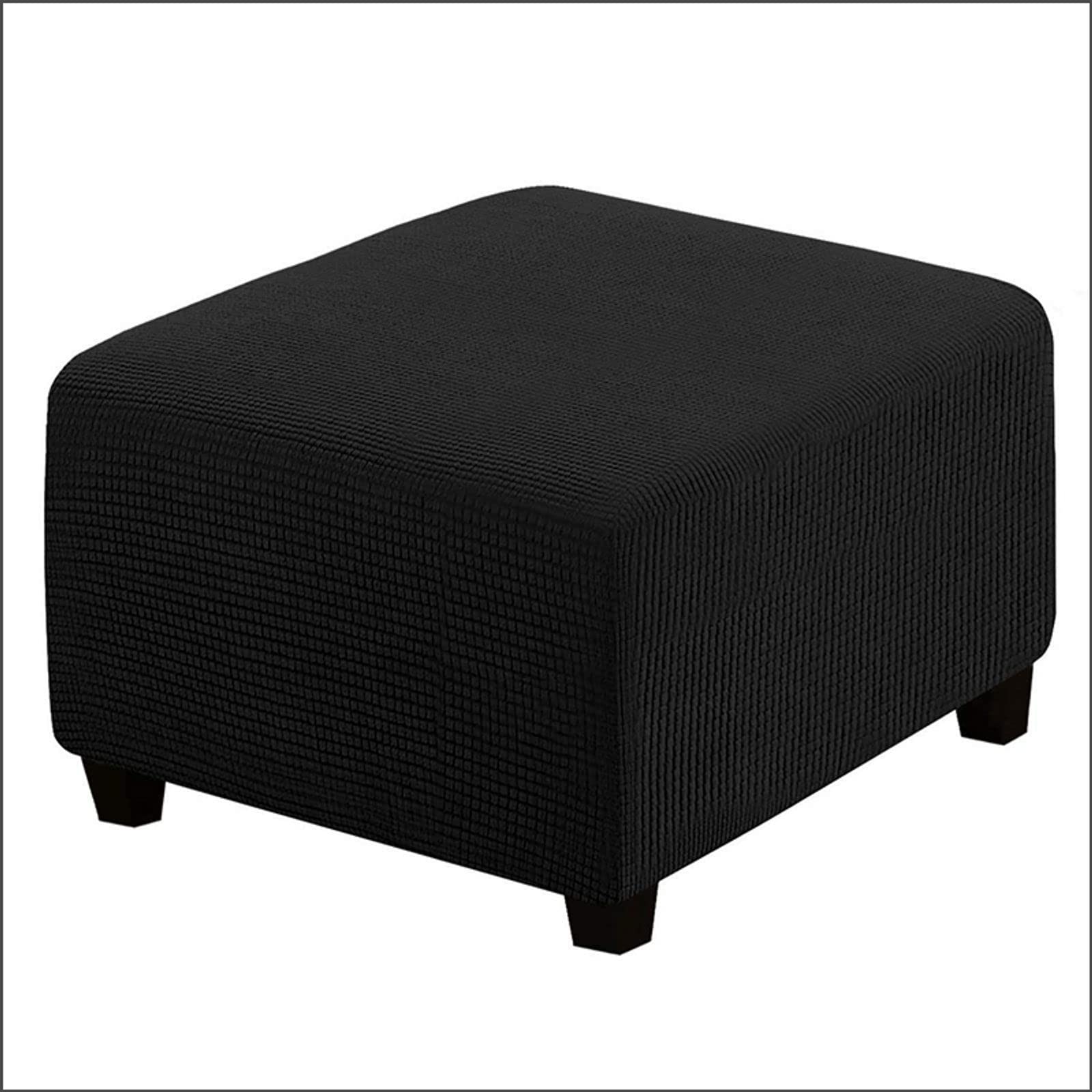qiden Square Footstool Cover Stretch Ottoman Cover Plush, 10% Thicker Large Stretch Pouffe Cover Anti-Slip Foot Stool Jacquard Slipcovers With Elastic Bottom, Machine Washable-Black-Large