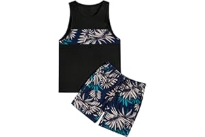 GORGLITTER Men's 2 Pieces Set Floral Print Elastic Waist Shorts Sleeveless Tank Top Outfit Tracksuit