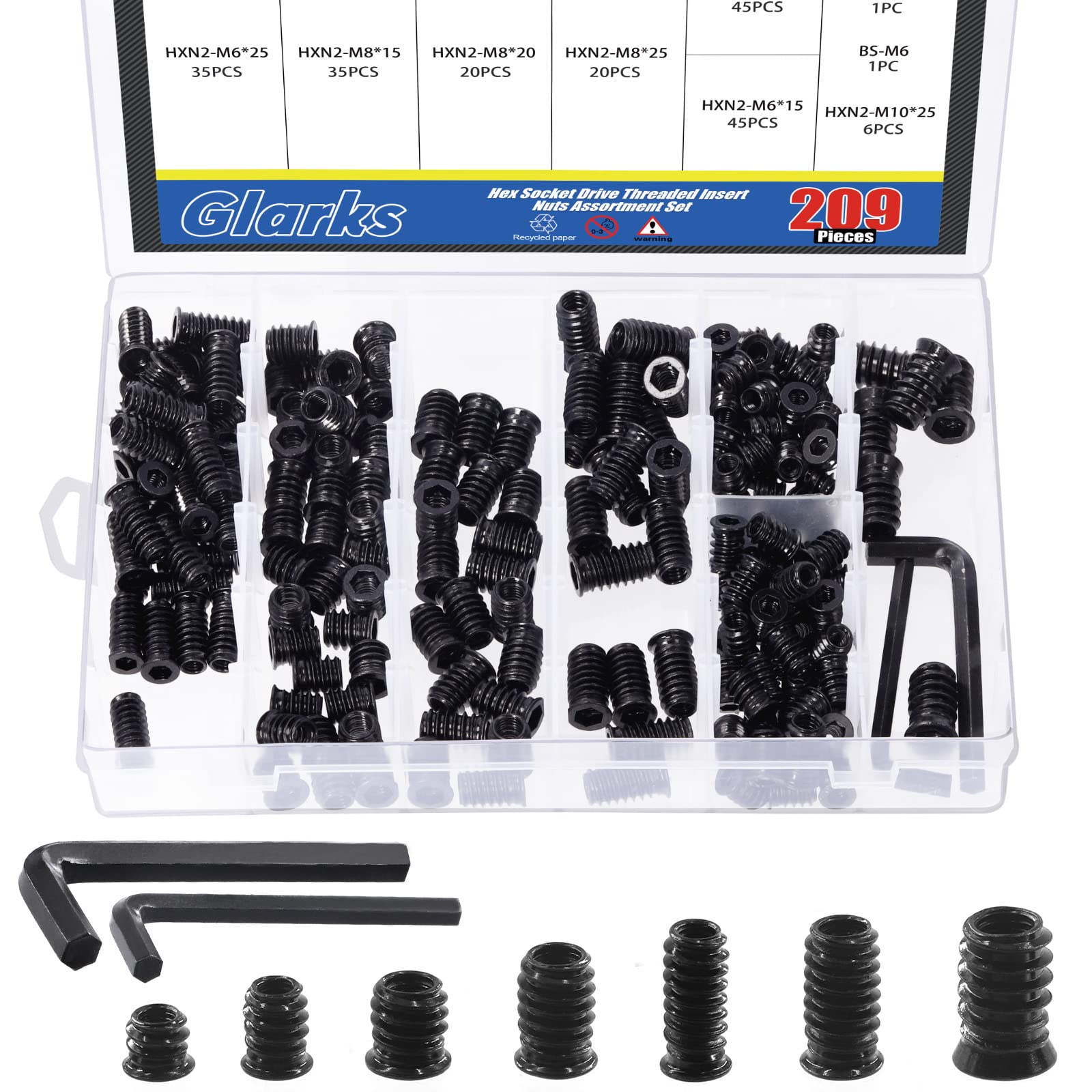 Glarks 208Pcs M6 M8 M10 Threaded Inserts Nuts Zinc Plated Carbon Steel Hex Socket Drive Furniture Flanged Screw-in Nut with M6 M8 Hex Wrench for Wood Furniture Screw