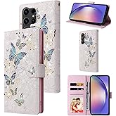 UEEBAI Wallet Case for Samsung Galaxy S25 Ultra 5G, PU Leather Phone Case Kickstand RFID Blocking Flip Case Card Slots Wrist Strap Relief Engraved Pattern Magnetic Closure Flower Case, BlueButterfly