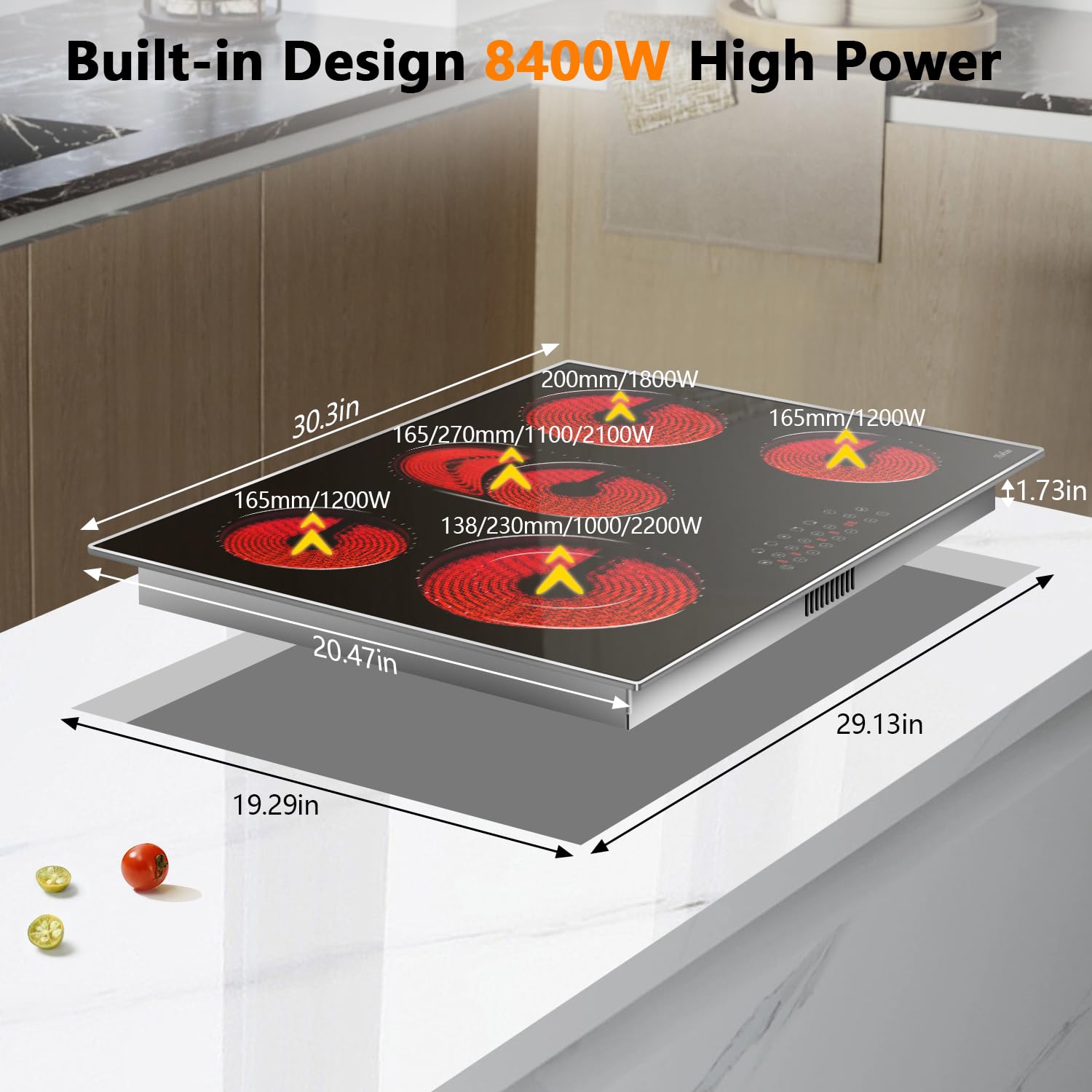 Hobsir 30 Inch Electric Cooktop, 5 Burners Cooktop, Electric Stove Top Burner, 8400W Drop-in Ceramic Stove Cooktops with Glass Metal Frame, Timer, Safety Lock, 220-240V, Hard Wired (No Plug) Cooktops