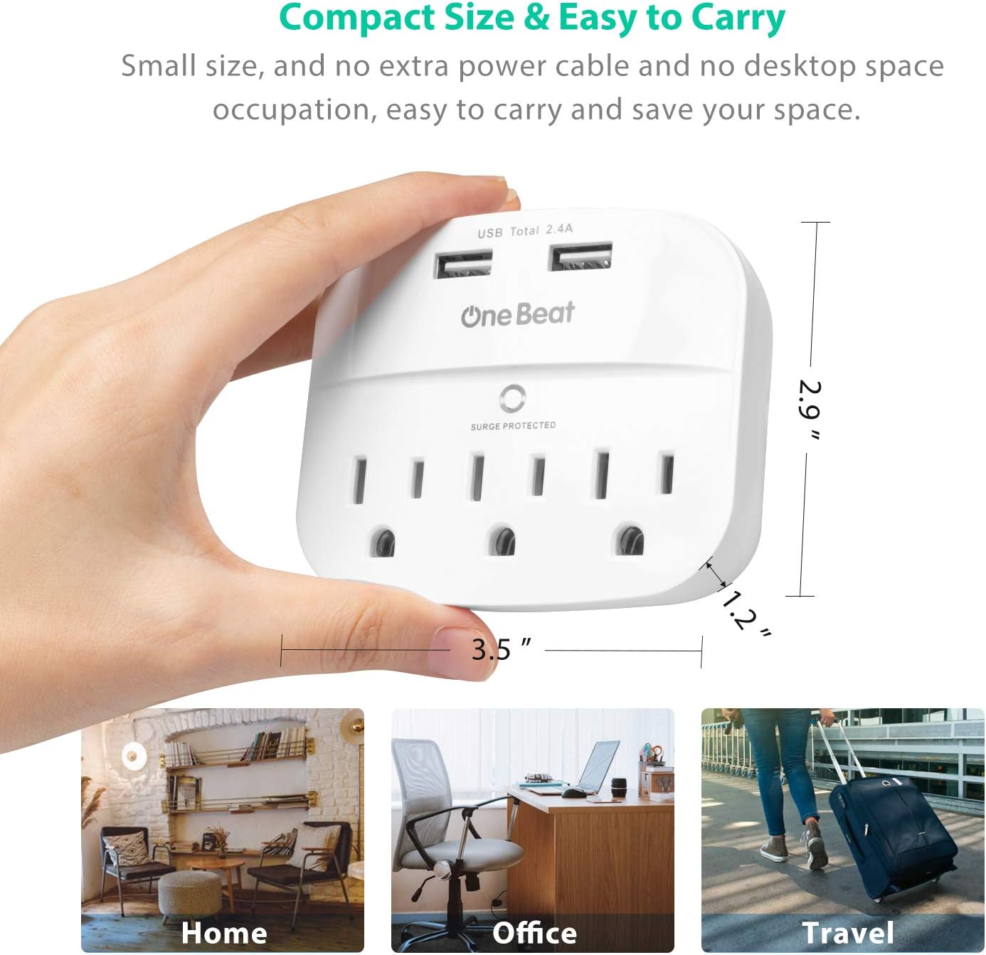 3-Outlet Surge Protector, Multi Plug Outlet Extender Power Strip with 2 USB Wall Charger(Smart 2.4A), 490 Joules, ETL UL Listed, Outlet Adapter for Home, School, Office: Electronics
