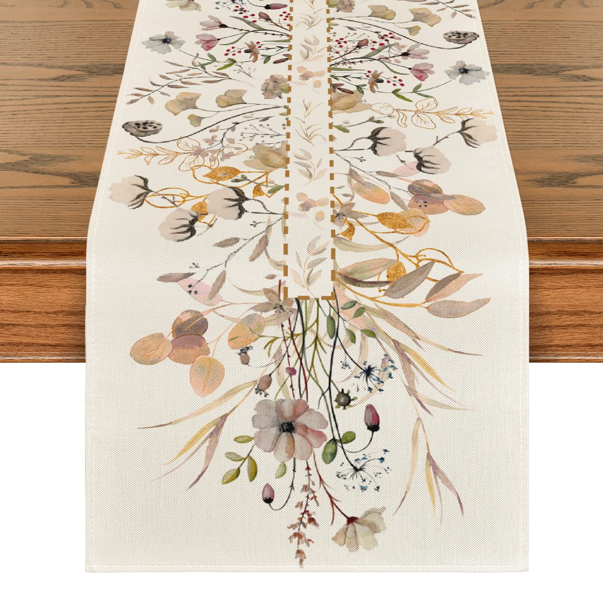 Photo 1 of Artoid Mode Wildflower Leaves Floral Fall Table Runner, Autumn Thanksgiving Kitchen Dining Table Decoration for Indoor Outdoor Home Party 13x108 Inch