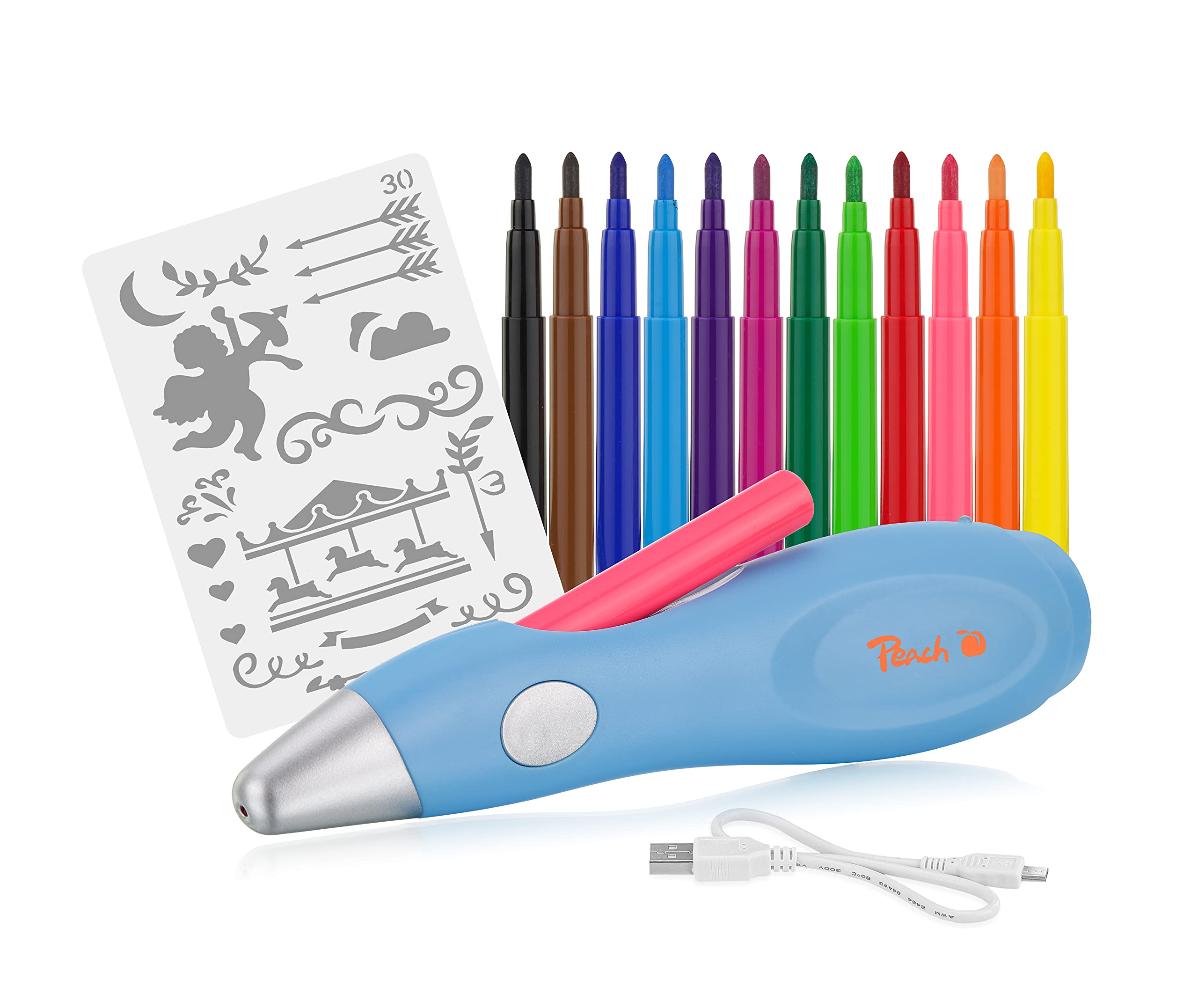 Peach PO150 Electric Airbrush Pen - 12 Colours - Includes More Than 70 Templates - Blue