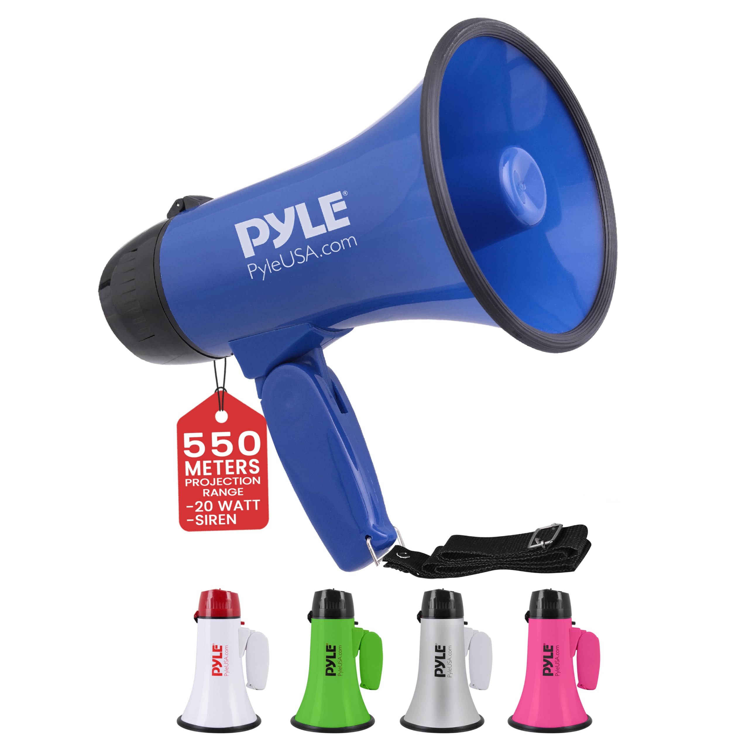Pyle Portable Megaphone Speaker Siren Bullhorn, Compact and Battery Operated with 20 Watt Power, 2 Modes, PA Sound and Foldable Handle for Cheerleading, Sports, Police, Kids & More- Blue