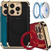 COOLQO for iPhone 15 Pro Max Case 6.7'' Upgraded 360° Spin Magnetic Stand [Compatible with Magsafe][Military Protection] Shockproof Protective Phone Holder Cover for iPhone 15 Pro Max, Black Gold