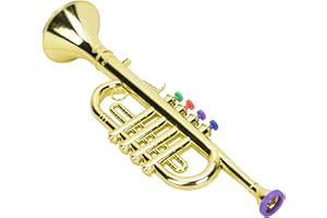 TOMOTATO Golden Coated Trumpet, Kid Wind Instrument with 4 Color Keys Full & Loud Sound Early Education Toy Plastic Trumpet Gift Easy to Learn for Boys, Girls
