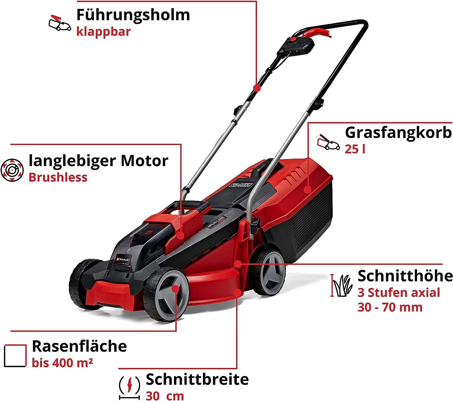 Einhell City Akku-Rasenmäher GE-cm 18/30 Li Kit Power X-Change (18 V, 30 cm Schnittbreite, bis 150 m², Brushless, 25L Fangkorb, 30-70 mm Schnitthöhe, inkl. 3,0 Ah Akku + Ladegerät) 3