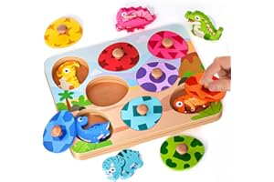 EDUJOY Wooden Puzzles for Toddlers 1-3, Montessori Toys for 1 2 Year Old Boy Christmas Birthday Gifts, Dinosaur Matching Eggs Peg Puzzles for Toddlers Age 2-4, Preschool Learning Activities for Girls