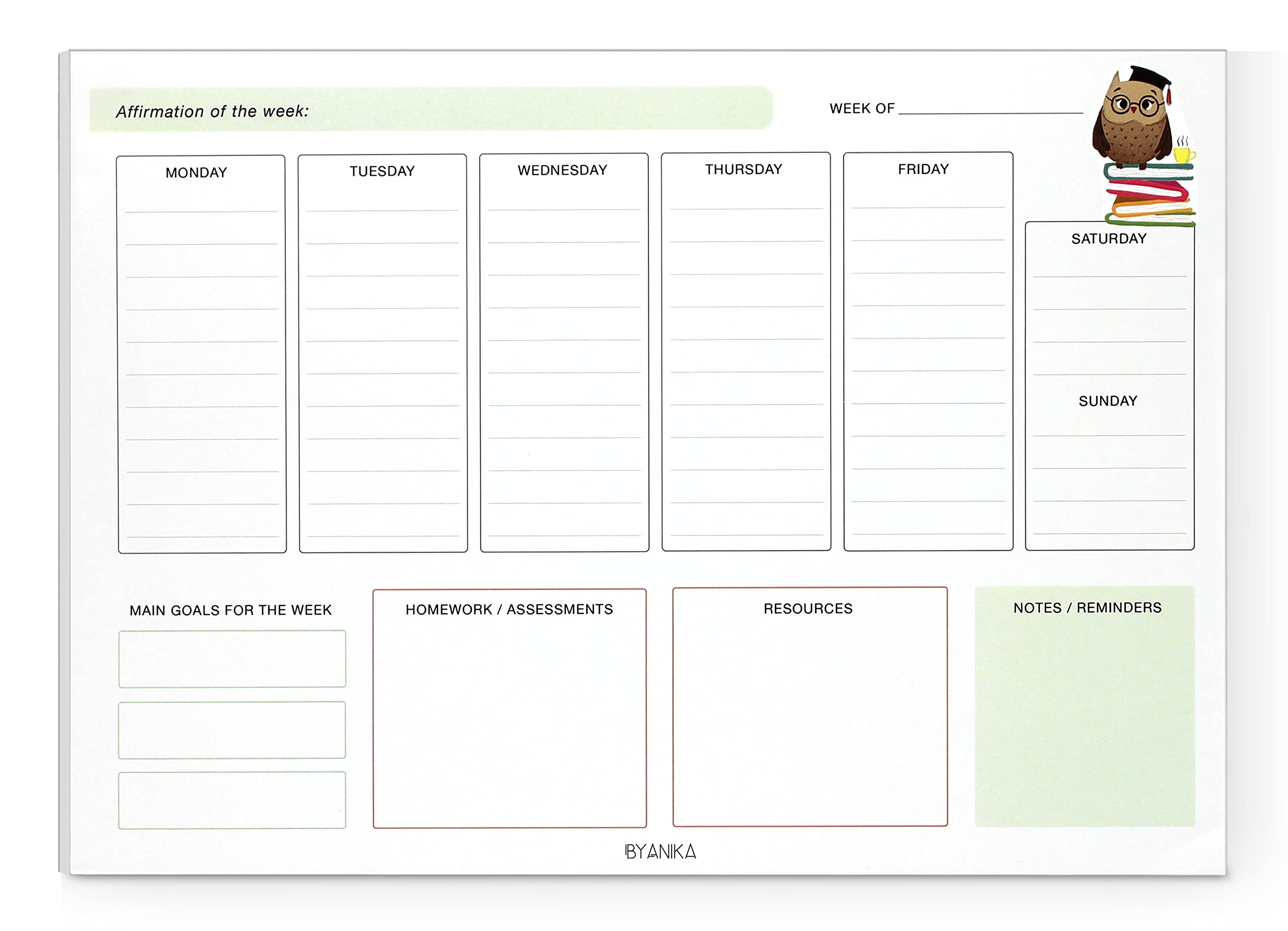 BYANIKA Teacher Weekly Organiser - 50 Tear-Off Sheets | Back To School Stationery Supplies | Lesson Planner | Plan Goals, To-Do, Resources, Homework, Notes & Reminders | Affirmation of the Week Box
