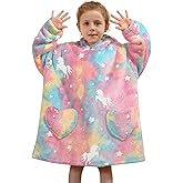 Wearable Blanket Hoodie for Kids Oversized Sherpa Blanket Hoodie for Kids Boys Girls Toddler 2-6YR,Rainbow Unicorns