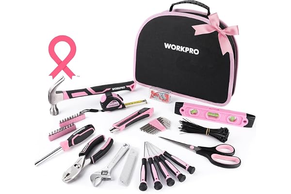 WORKPRO 103-Piece Pink Tool Kit – Hand Tool Set with Easy Carrying Round Pouch - Durable, Long Lasting Chrome Finish Tools -