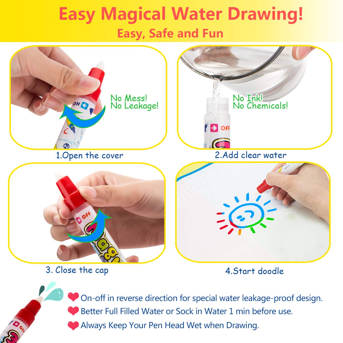 Magic Water Doodle Mats Water Drawing Mat Large 32x24in Painting Pad with 4 Pens 6 Molds Learning Educational Toddler Toys Toddler Gifts for Girls Boys Age 2 3 4 5+ Year Old Girl Gifts Boy Gifts