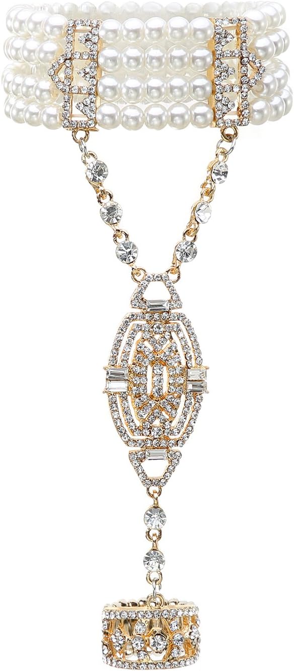1920s Great Gatsby Bracelet Rhinestone Adjustable Ring Set Crystals Imitation Pearls Hand Chain Bracelets