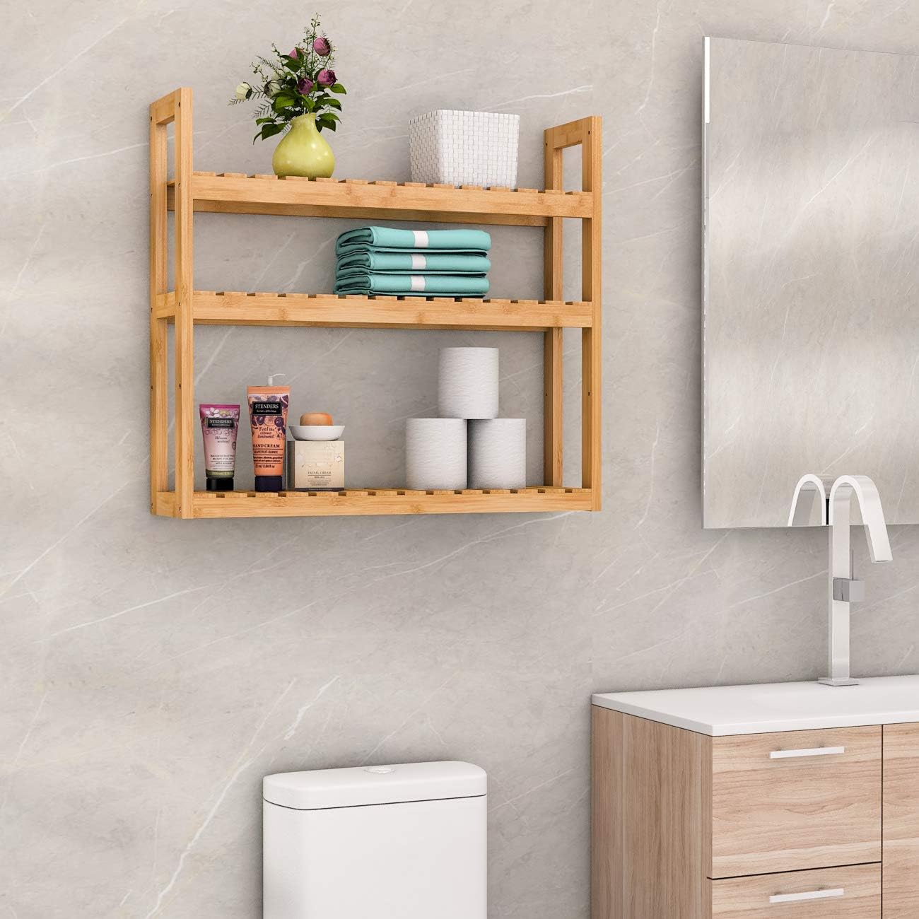 Domax Bamboo Bathroom Shelf 3-Tier Wall Mount Storage Rack Multifunctional Adjustable Layer Free Standing Over Toilet Utility Shelves Living Room Kitchen (Bamboo) - - 