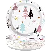 Grencian 50Pcs Pink Winter Tree Party Supplies 10'' Large Disposable Winter Seasonal Colorful Tree Paper Plates for Happy New Year Holiday Dinner Party Supplies