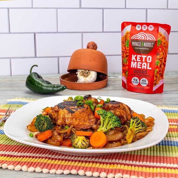 MIRACLE NOODLE READY TO EAT ADOBO PASTA, 9.2 OZ (PACK OF 6), PLANT BASED SHIRATAKI KONJAC NOODLES, 40 CALORIES, 6G NET CARBS PER SERVING, KETO, GLUTEN-FREE