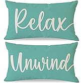 HERHOME Decorative Throw Pillow Covers 12x20 Inch Set of 2 Relax Unwind Turquoise Outdoor Beach Front Porch Patio Decor Lumbar Cushion Case Decoration for Home Sofa Couch Living Room
