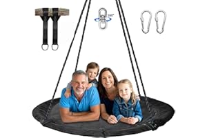 Hishine 43" Saucer Tree Swing for Kids, 360° Rotate Waterproof Flying Saucer Swing with Swivel, Hanging Straps, Adjustable Ropes, Round Mat Spinner Swing for Tree/Swing Set (Black)