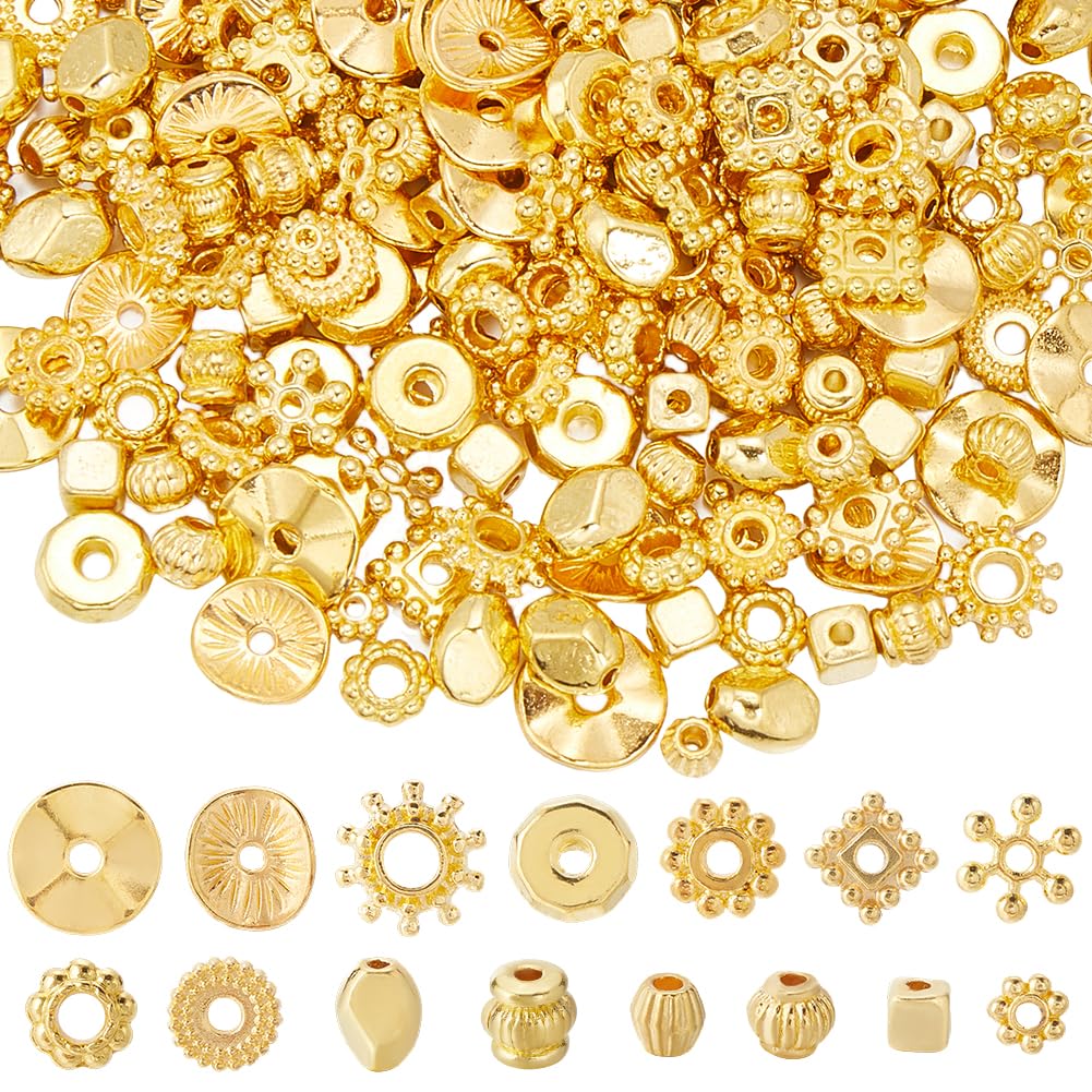 SOFPLATE 1 Box 300Pcs 15 Styles Alloy Spacer Beads Gold Flower Bead Bulk Tibetan Style Metal Flat Round Rondelle Cube Square Barrel Bead Spacers for jewellery Making Bracelets Beading Necklaces Earrin