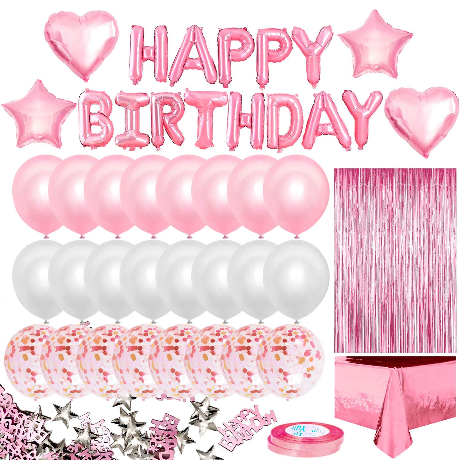 iZoeL Pink Birthday Party Decoration for Girls Happy Birthday Banner Baloons Fringe Curtain Foil Tablecloth Heart Star Foil Confetti Balloons and 10g Table Confetti for Women Birthday Party
