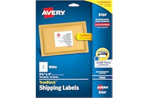 Avery Shipping Labels with TrueBlock Technology for Inkjet Printers, 3-1/3" x 4", 150 Labels per Pack, Case Pack of 5 (8164)