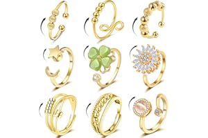 LOWNOUR Fidget Ring Anxiety Rings for Women Gold 9pcs Adjustable Spinner Ring CZ Diamond Sunflower Moon Star Four Leaf Heart Bead Fidget Rings for Anxiety Stress Relief for Women
