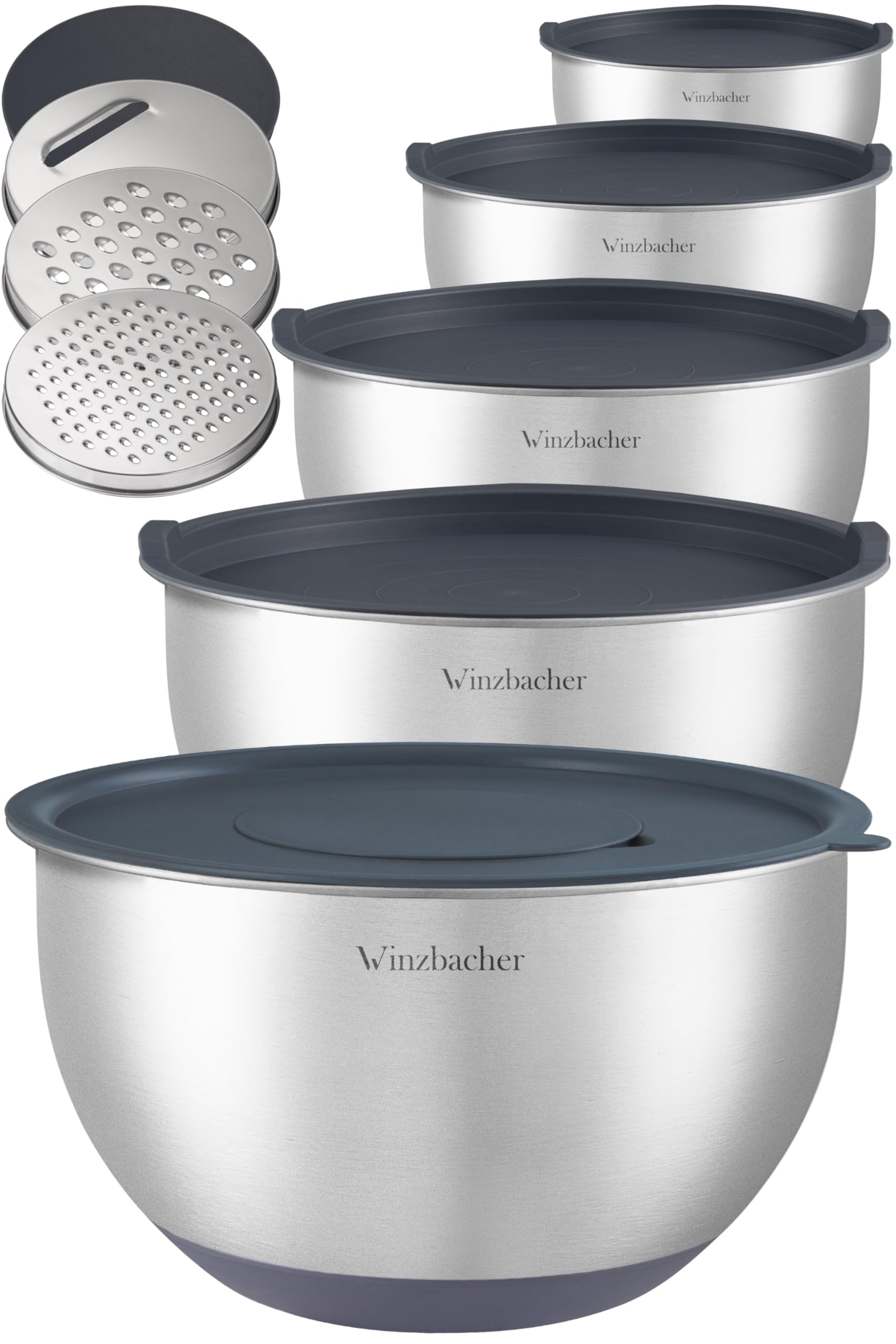 Winzbacher Edelstahl Schüssel mit Deckel [5er Set] 1l + 1.5l + 2.5l + 3.5l + 4.5l | Rührschüssel, Salatschüssel, Schüsselset, | rutschfest | stapelbar | inkl. Reibe