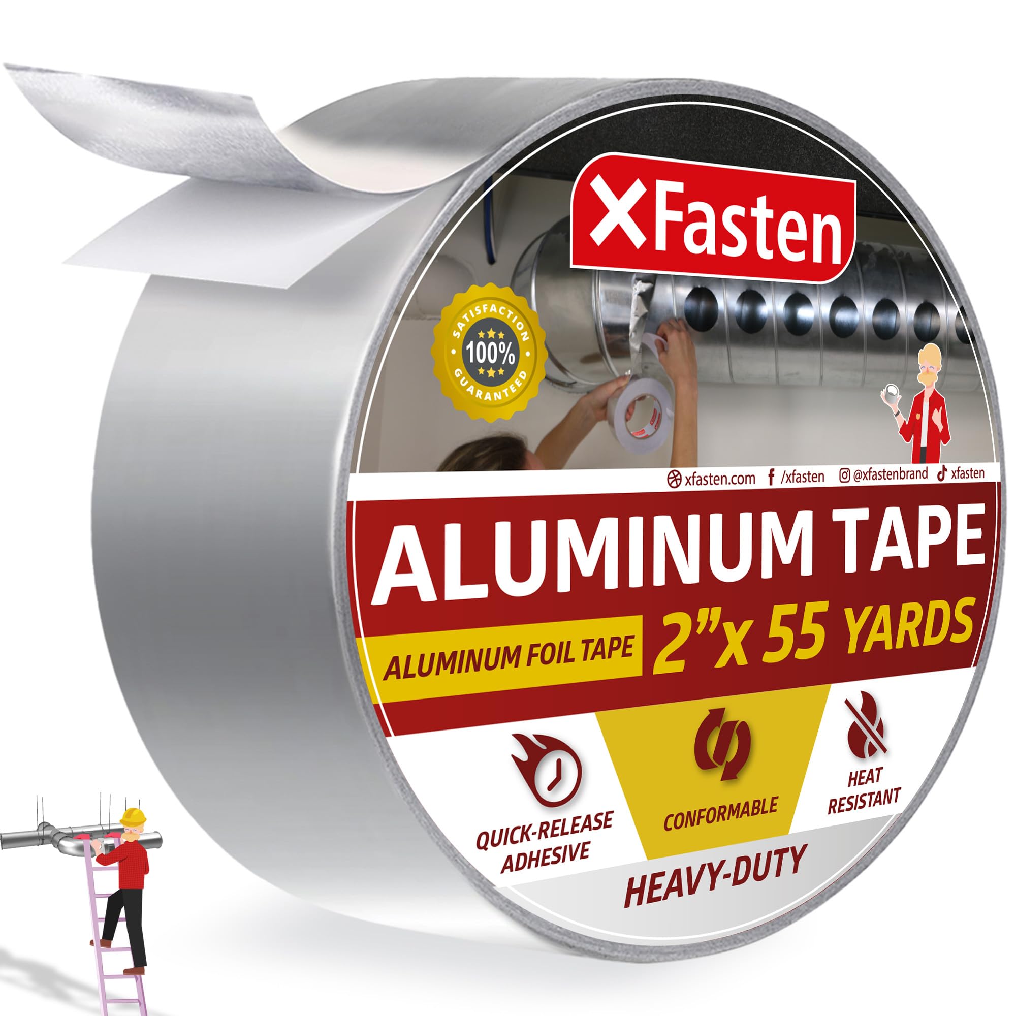 XFasten Aluminum Foil Reflective Duct Tape, 3.6 mil, 2 Inches x 55 Yards (50.8mm x 50.29m), Heavy-Duty HVAC Aluminum Metal Duct Tape for Metal Pipes, Air Vents, Furnace, and AC Units