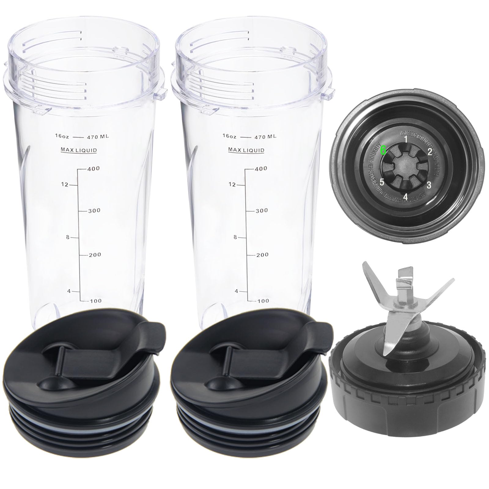 Ninja Blender Replacement Parts Compatible with BL770 BL660 BL663 BL663CO BL665Q BL740, 2 Pack Single Serve Ninja Blender 16oz Cups with Sip & Seal Lids &6 Fins Ninja Blender Blade Assembly