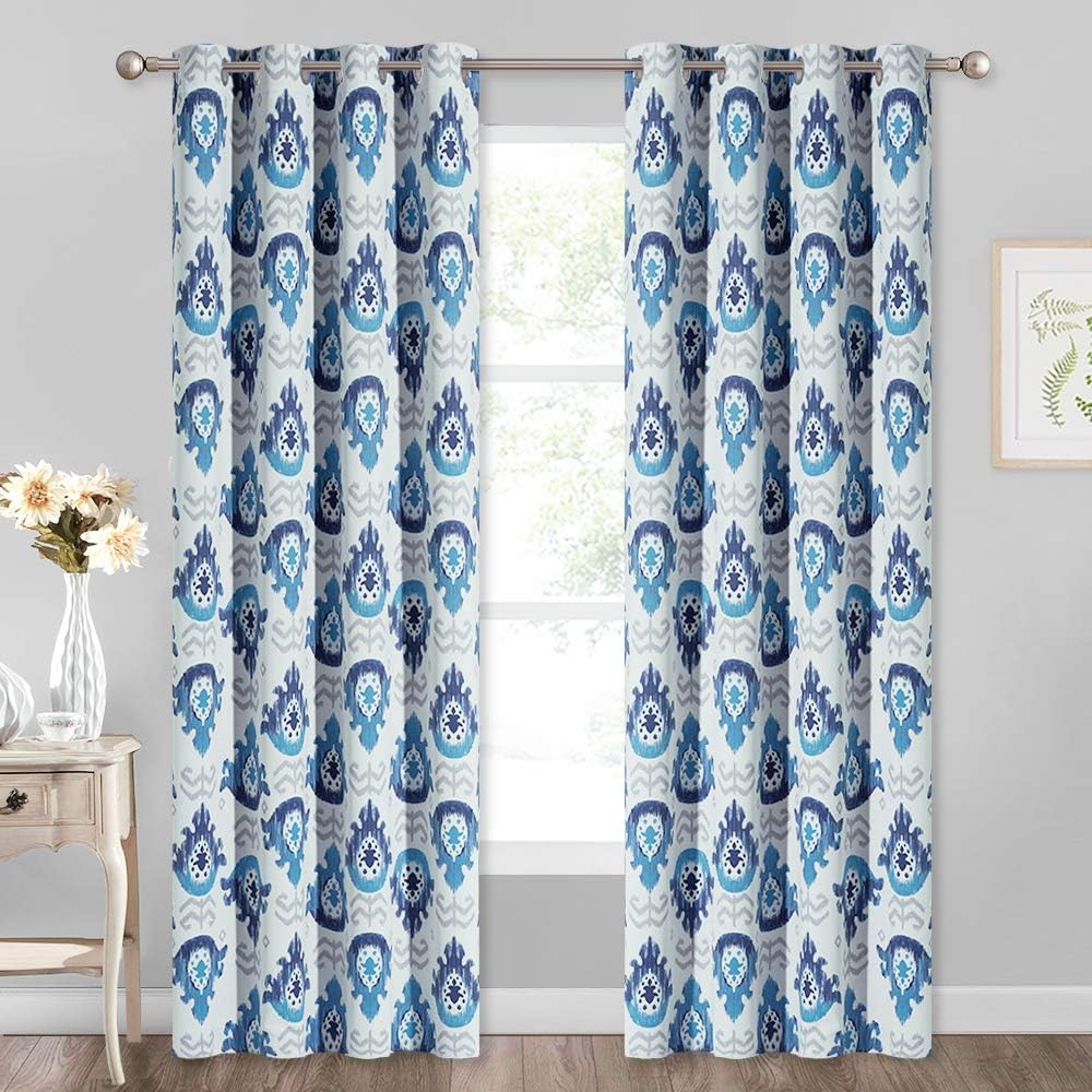 KGORGE Extra Long Medallion Curtain Panels, Abstract Floral Printed Grommet Drapes Retro Home Decor Light Block for Living Room Dining Area, Blue Grey, Wide 52 x Long 95 inches, 2 Panels