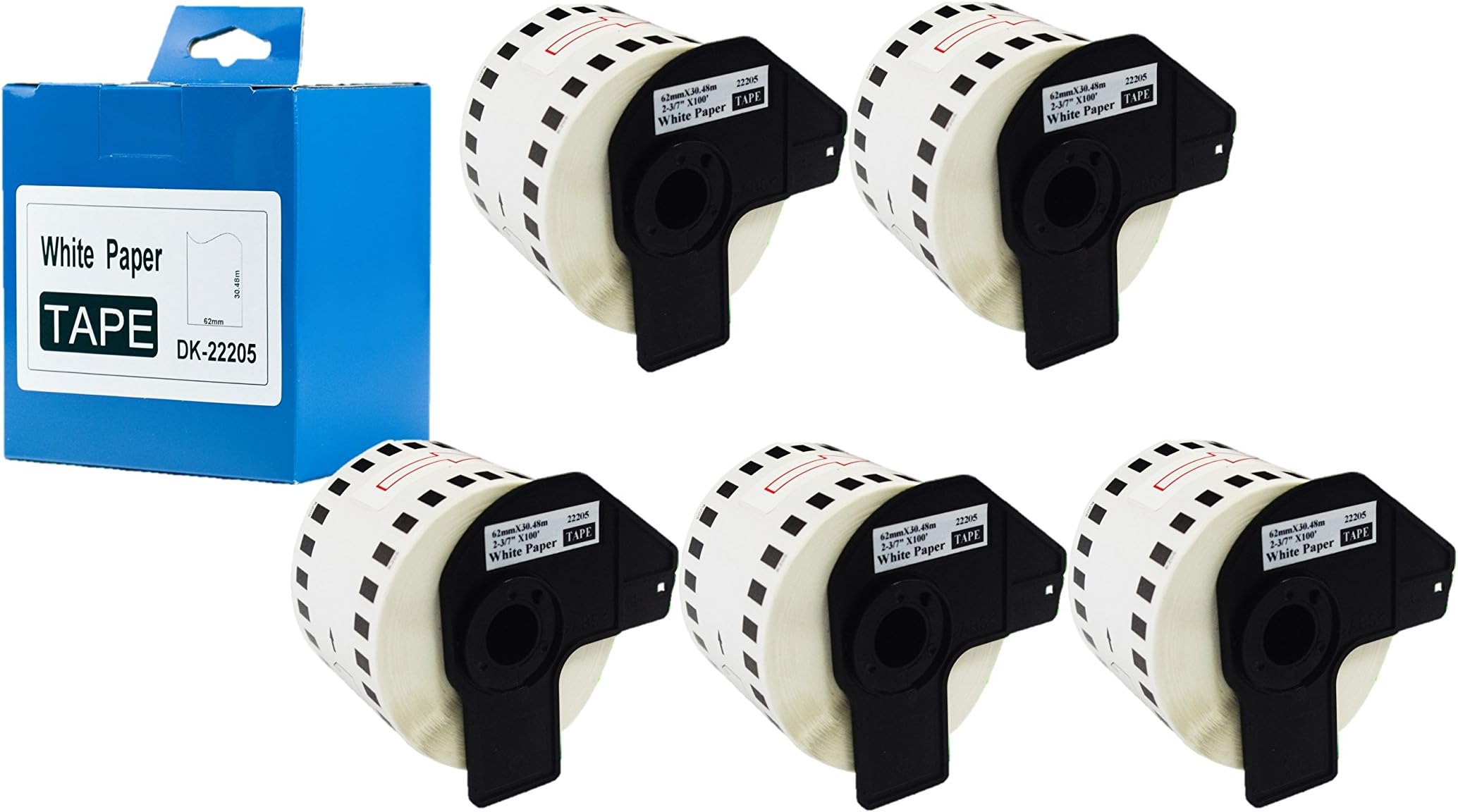 5x Compatible Brother P-Touch DK22205 62mm x 30.48m Continuous White Standard Address Labels Rolls