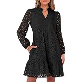 Caracilia Womens Dresses Long Sleeve V Neck Eyelet Hollow Out Fall Casual Flowy Swing Boho Tiered 2025 Mini Short Dress