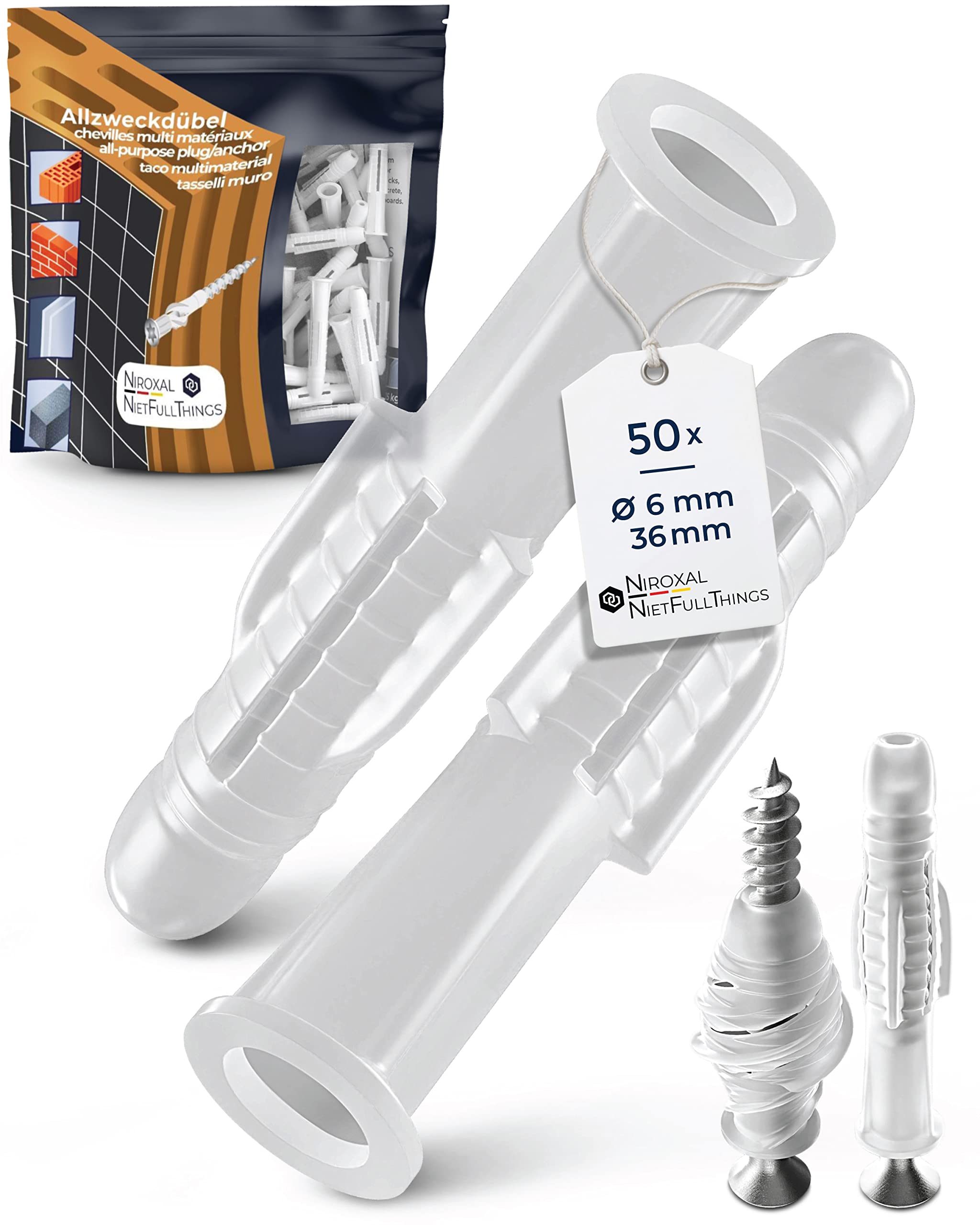 Wall Plugs 6 mm Rawl Plugs for 4.5-5 mm Screws Pack of 50 Cavity Wall Fixings for Hollow Wall Plasterboard NietFullThings โ image 1
