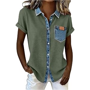 Womens Patchwork Denim Tops Short Sleeve Collar Shirt Cute Color Block Button Down Blouses for Daily Wear