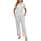 Donnalla Women's Pajama Sets Cotton 2 Piece Lounge Set V Neck Short Sleeve Pj Set Comfy Loungewear Sleepwear with Pocket