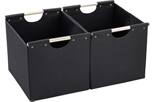 HOONEX Large Collapsible Storage Bins, Linen Fabric, Pack of 2, Storage Baskets with Wooden Carry Handles and Sturdy Heavy Cardboard, for Home, Office, Car, Nursery, Black